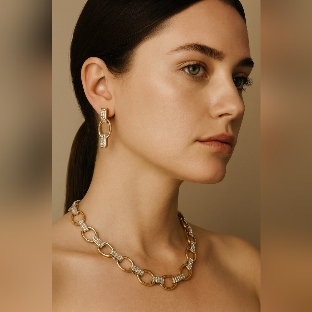 Evening Wear Goldtone & White Rhinestones Chain Necklace and Earring Set